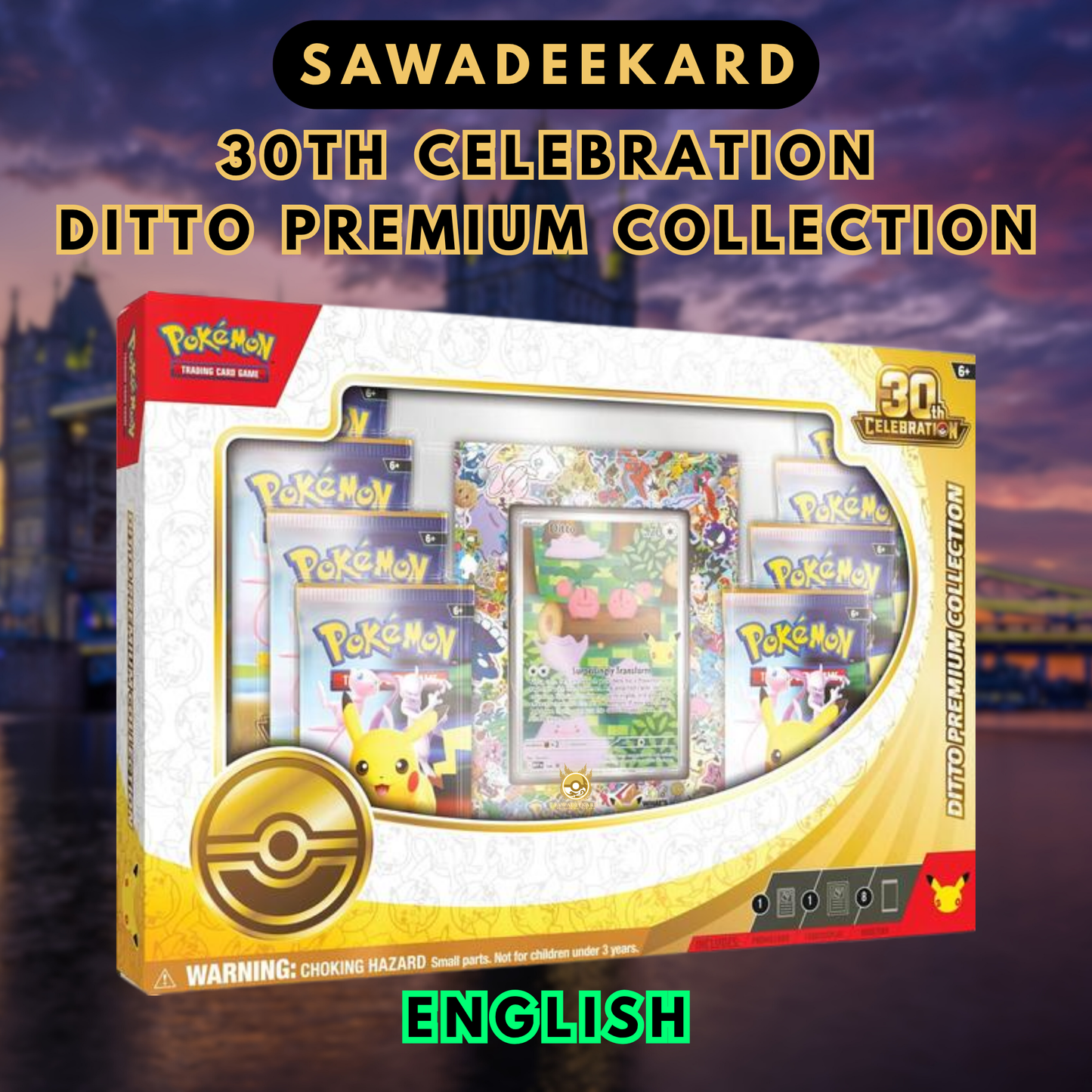 English Pokemon TCG 30th Celebration Ditto Premium Collection with eight booster packs Ditto promo and colourful acrylic card display