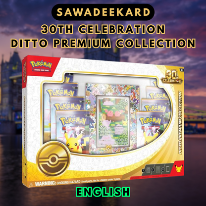 English Pokemon TCG 30th Celebration Ditto Premium Collection with eight booster packs Ditto promo and colourful acrylic card display