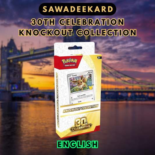 English Pokemon TCG 30th Celebration Knock Out Collection with Eevee foil card two booster packs and 30th Anniversary coin