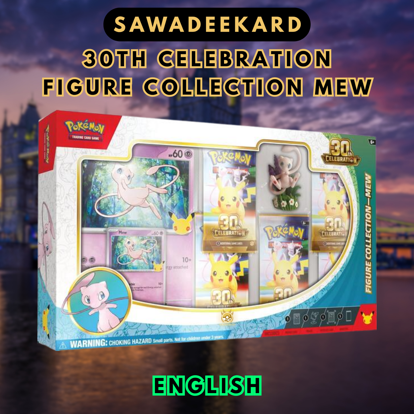 Pokemon TCG 30th Celebration Mew Figure Collection with five booster packs foil Mew promo oversized card and sculpted figure