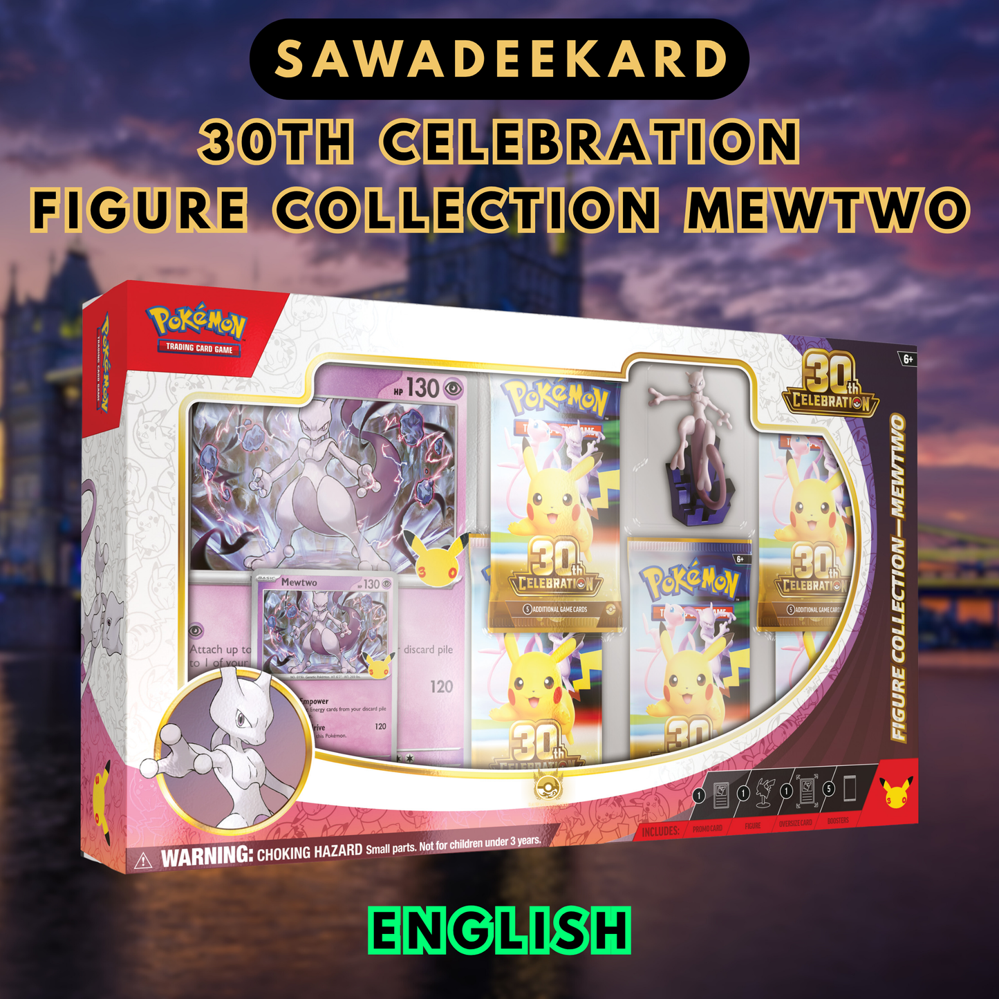 Pokemon TCG 30th Celebration Mewtwo Figure Collection with five booster packs foil Mewtwo promo oversized card and sculpted figure