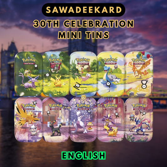 English Pokemon TCG 30th Celebration Mini Tins featuring 10 Day and Night designs with two booster packs in each tin