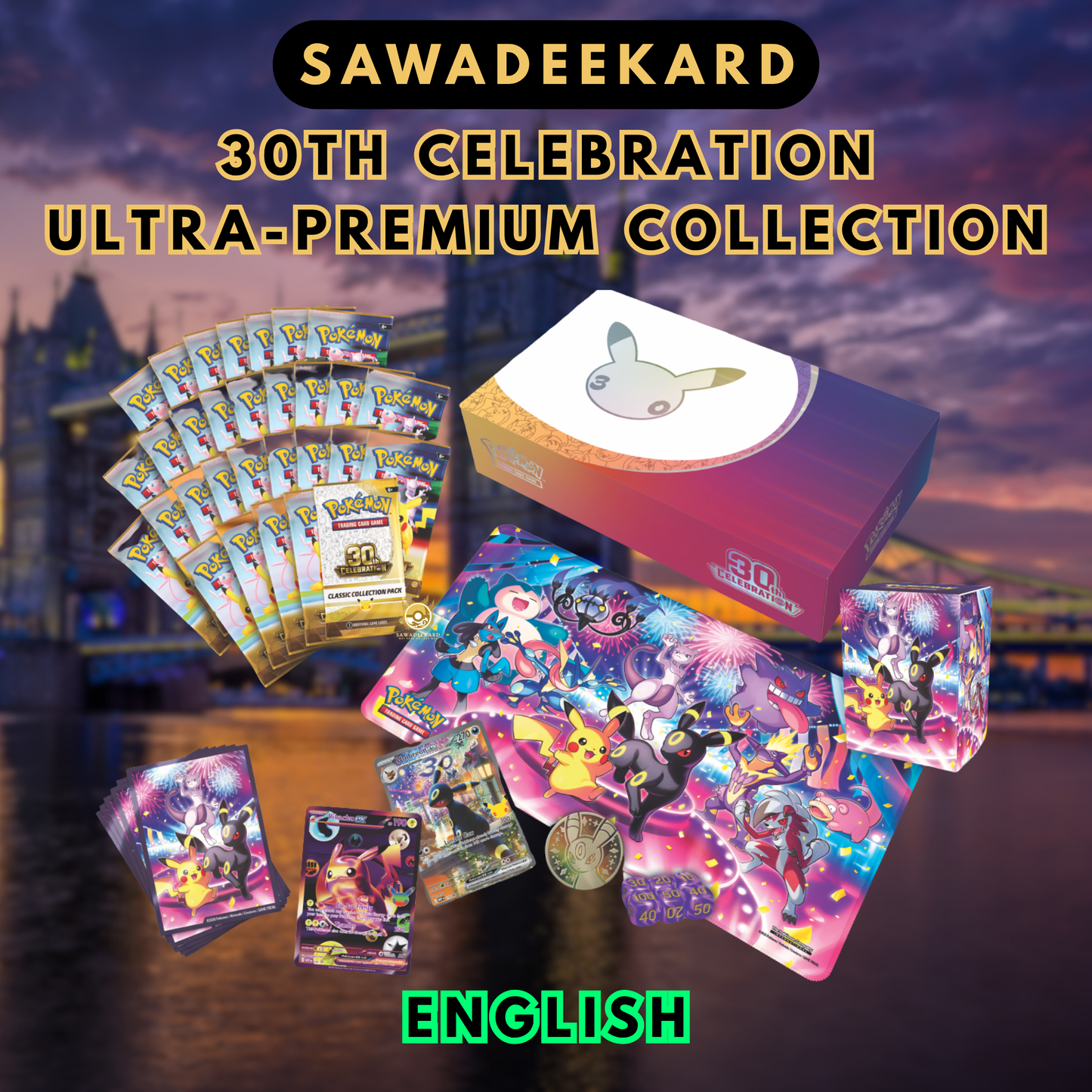 Pokemon TCG 30th Celebration Night Ultra Premium Collection featuring Pikachu ex Umbreon ex and 29 booster packs