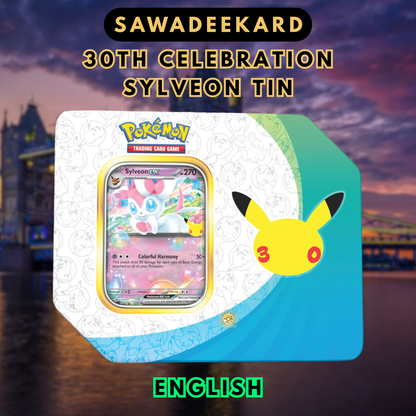 Pokemon TCG 30th Celebration Sylveon ex Big Tin with five anniversary booster packs and Sylveon ex card
