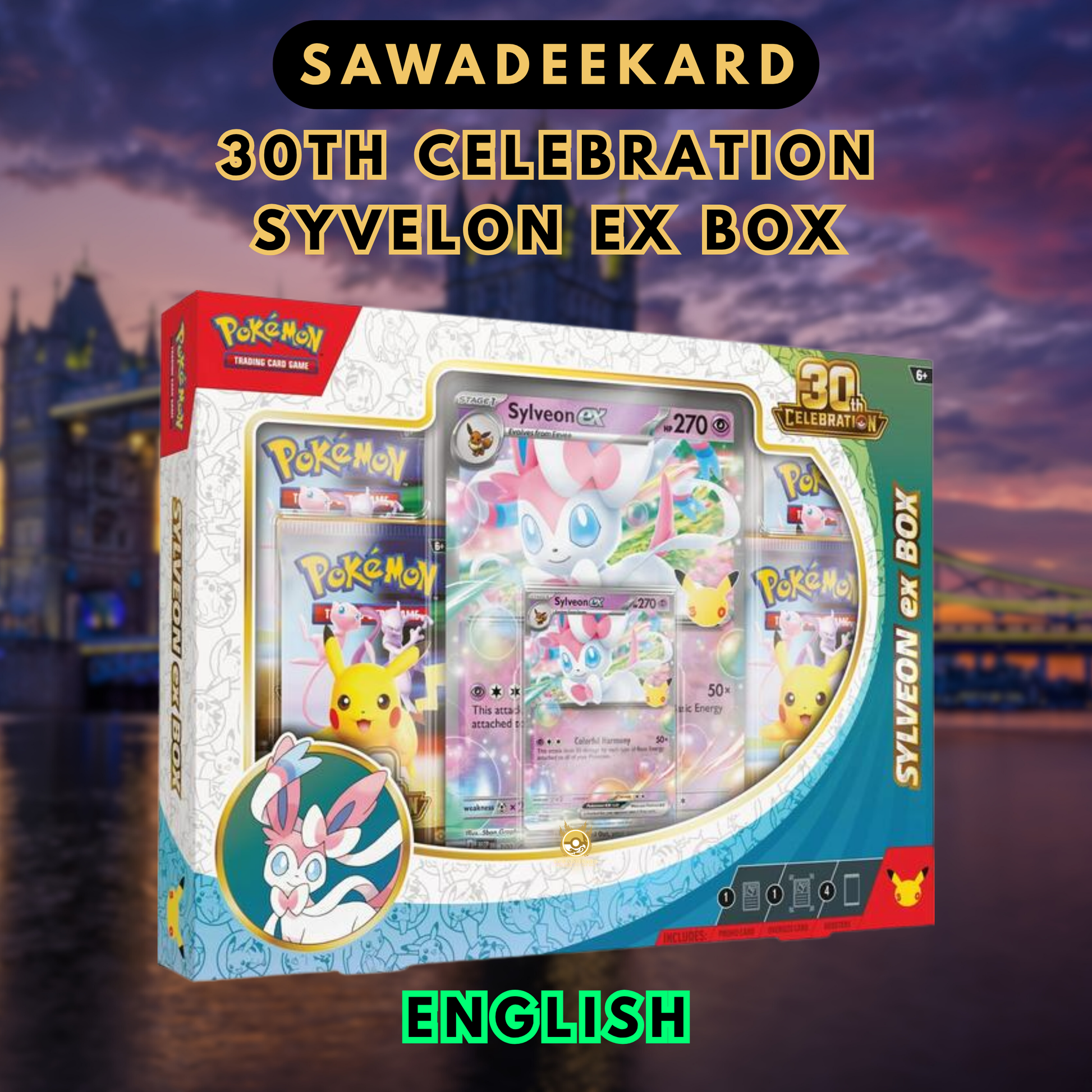 Pokemon TCG 30th Celebration Sylveon ex Box with 4 booster packs foil Sylveon ex promo and oversized card