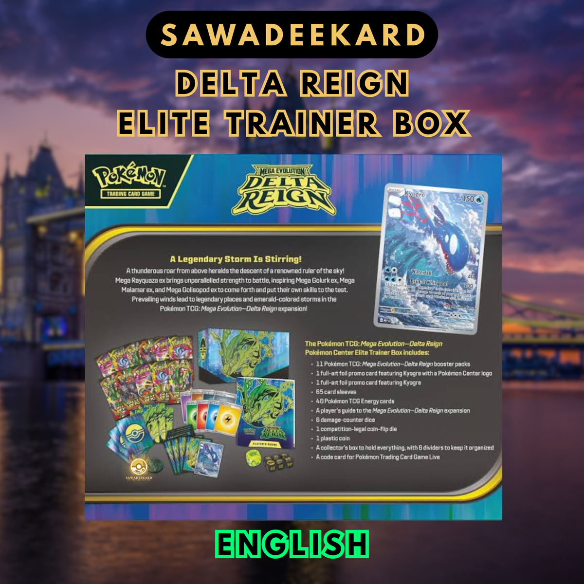 Kyogre MEP 117 full-art foil promo Pokémon card included in the Delta Reign Elite Trainer Box

