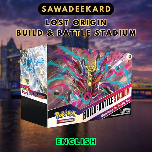 English Pokemon Sword and Shield Lost Origin Build and Battle Stadium containing 12 booster packs two decks and stamped promo cards
