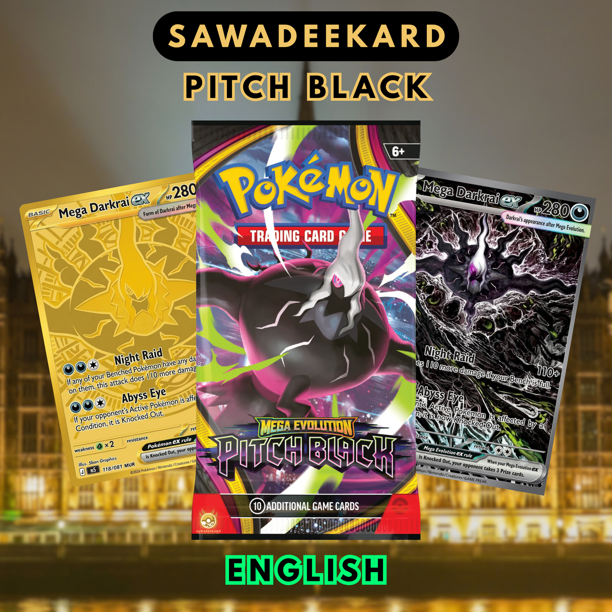 English Pokemon TCG Mega Evolution Pitch Black booster pack featuring the Darkrai-focused expansion