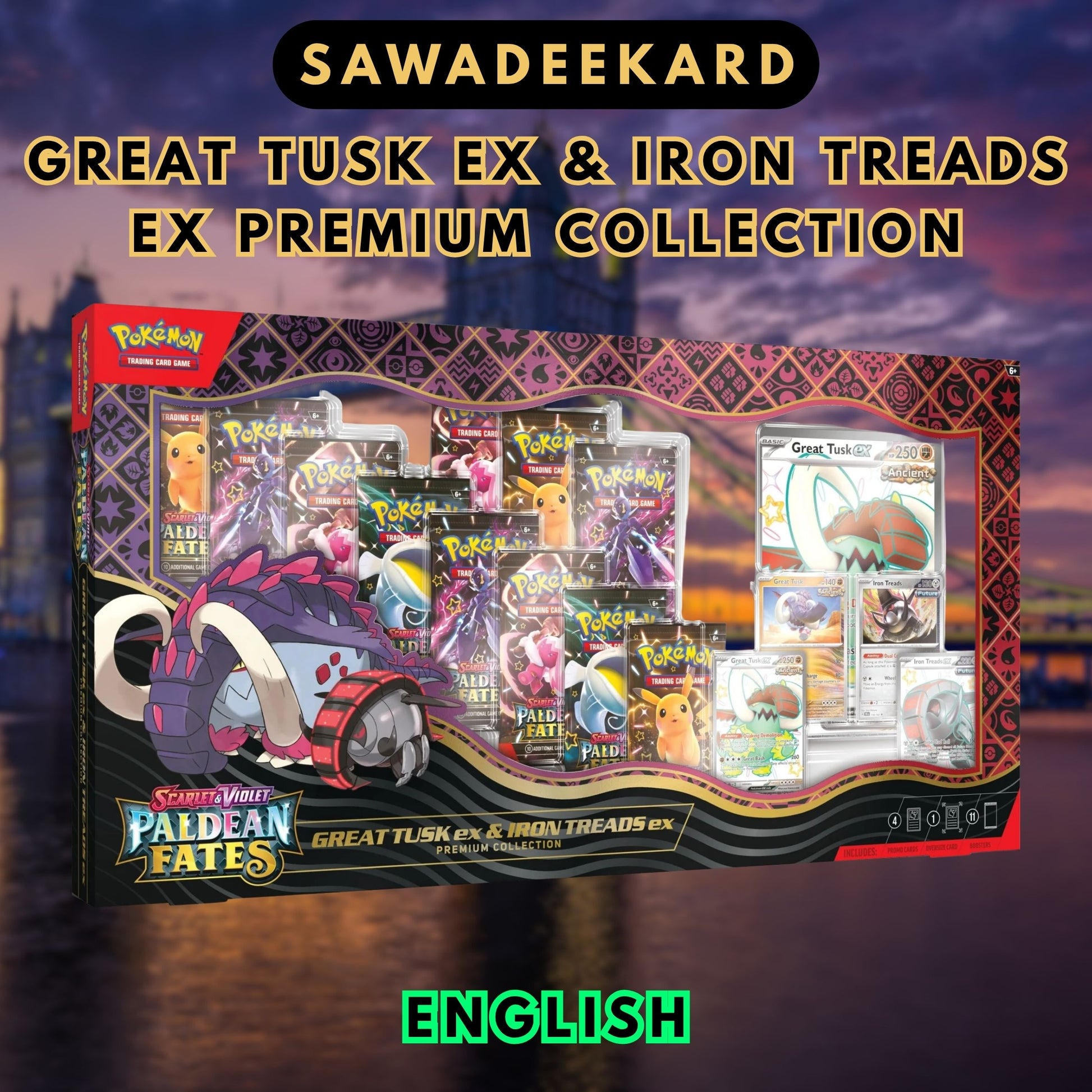 English Pokemon Paldean Fates Great Tusk ex and Iron Treads ex Premium Collection with 11 booster packs and Shiny foil cards