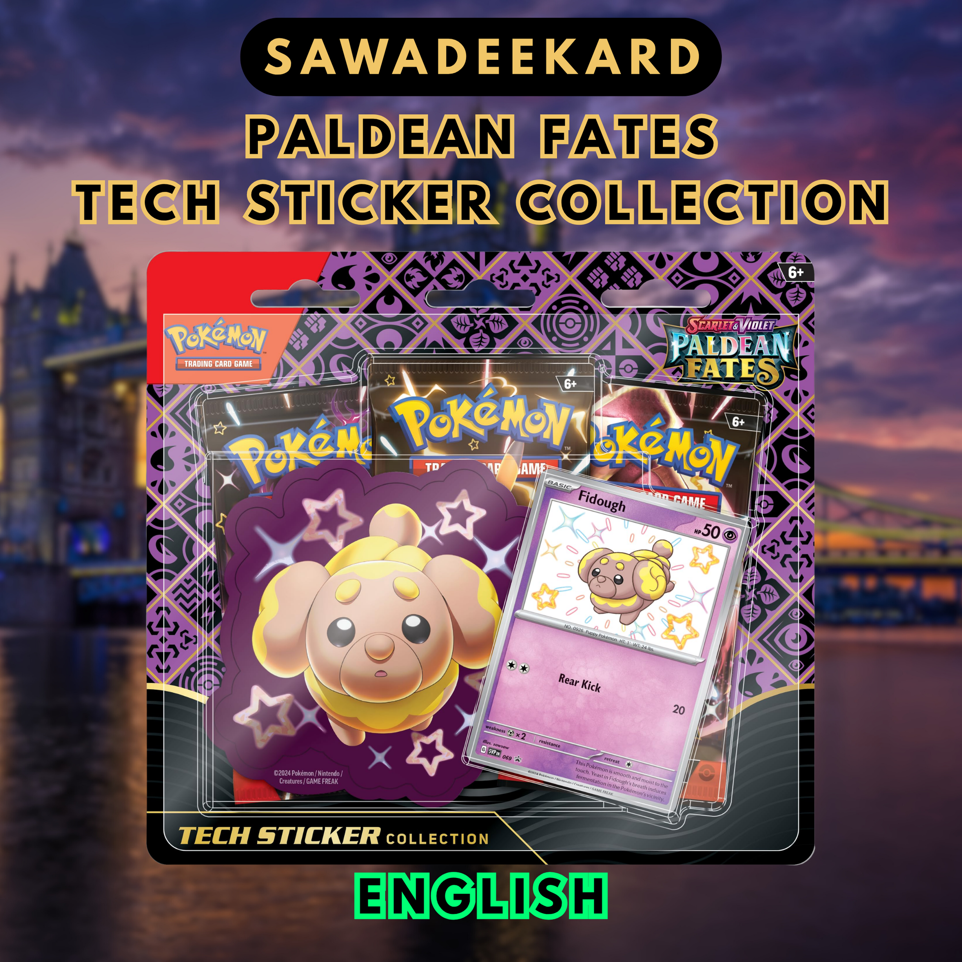 Pokemon TCG Paldean Fates Shiny Fidough Tech Sticker Collection with SVP 069 promo sticker and three booster packs