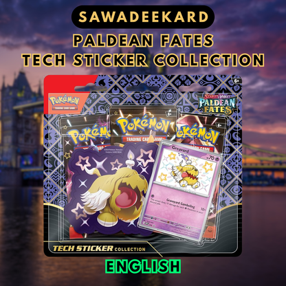 Pokemon TCG Paldean Fates Shiny Greavard Tech Sticker Collection with SVP 070 promo sticker and three booster packs