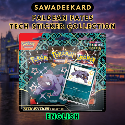 Pokemon TCG Paldean Fates Shiny Maschiff Tech Sticker Collection with SVP 071 promo sticker and three booster packs