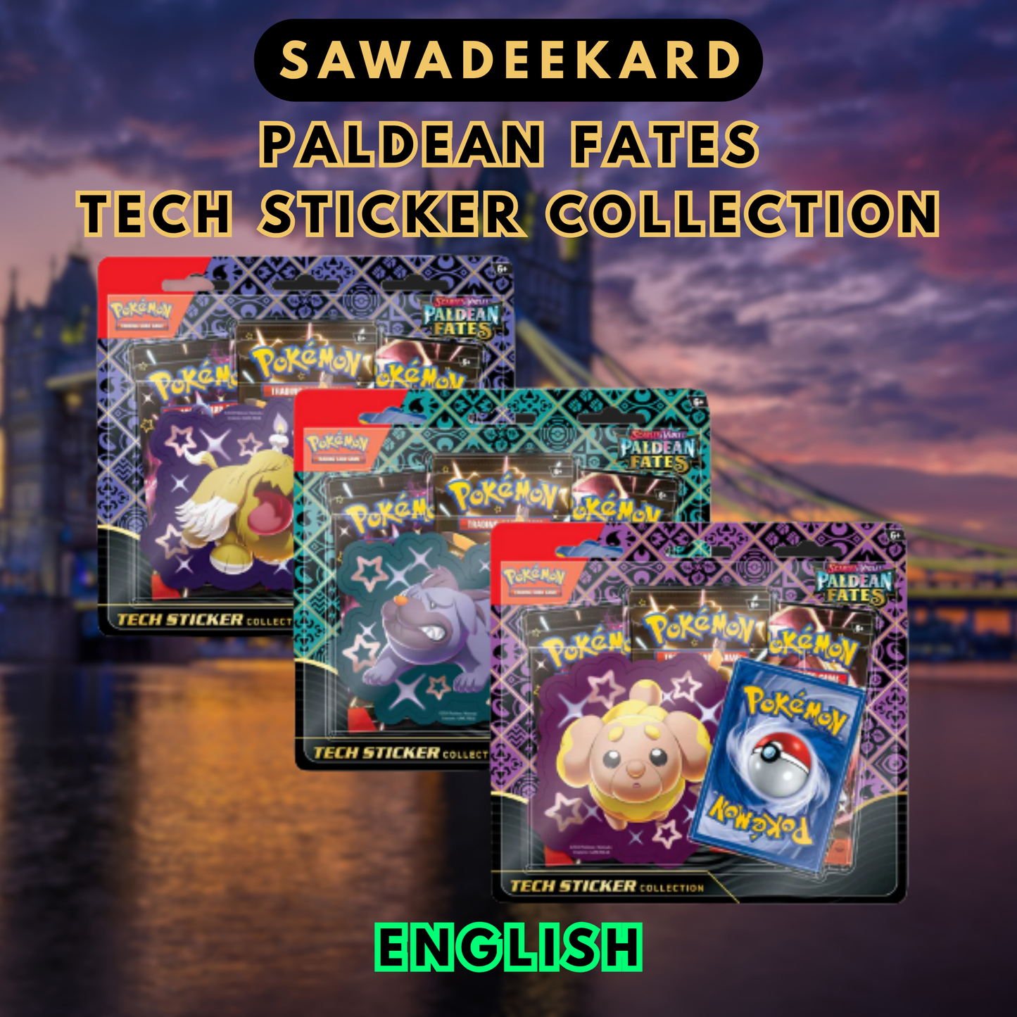 English Pokemon TCG Paldean Fates Tech Sticker Collection featuring Shiny Fidough Greavard and Maschiff with three booster packs