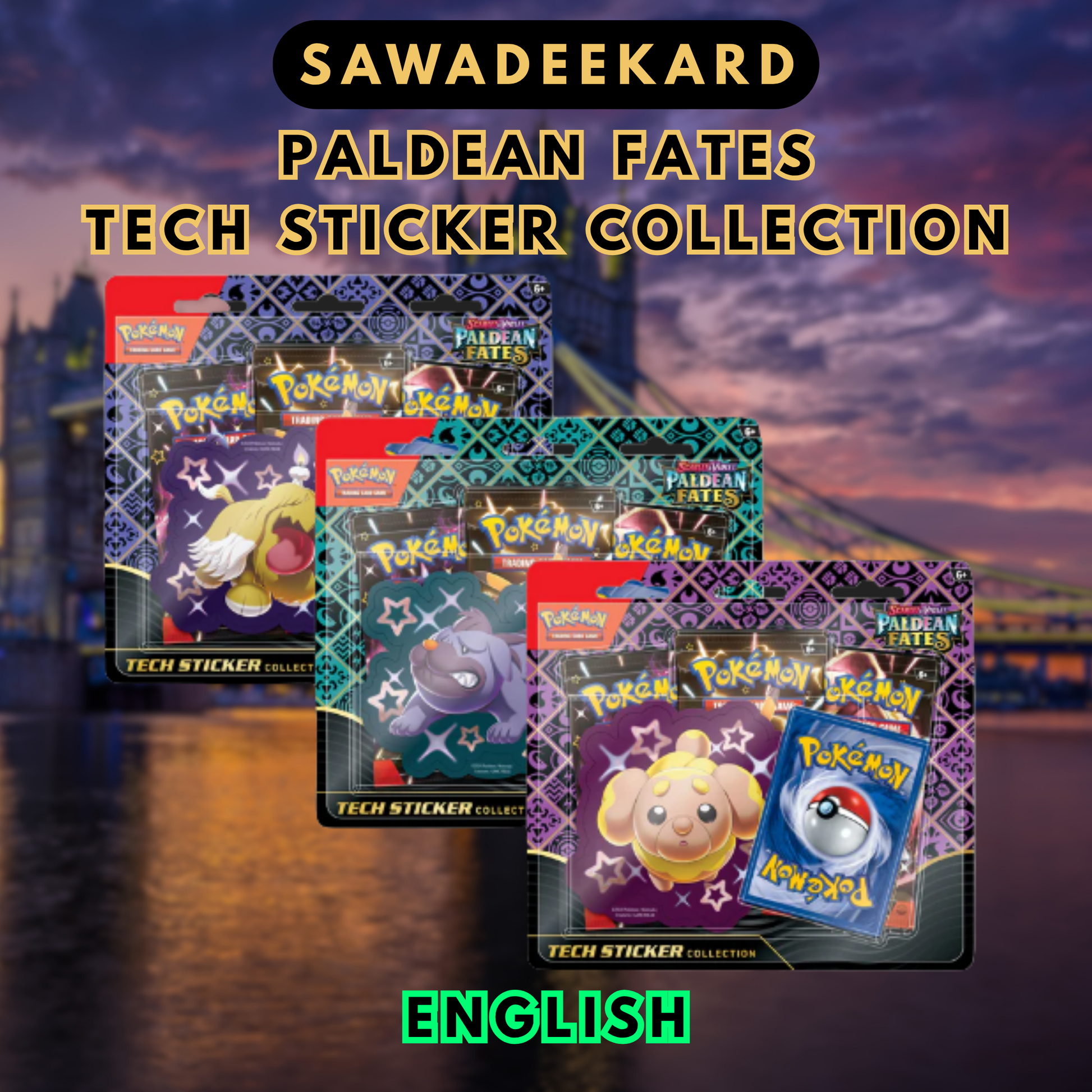 English Pokemon TCG Paldean Fates Tech Sticker Collection featuring Shiny Fidough Greavard and Maschiff with three booster packs