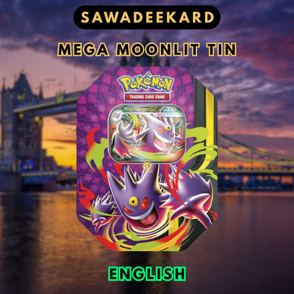 Pokemon TCG Mega Moonlit Tin Mega Gengar ex promo card tin with Perfect Order and Chaos Rising booster packs