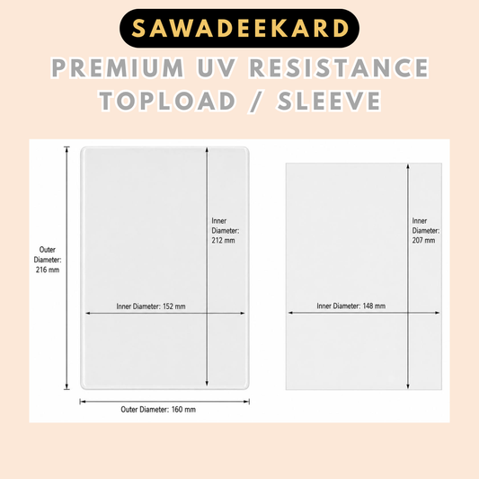 Premium UV resistant Pokémon Jumbo card sleeve and toploader dimensions showing 148 × 207 mm sleeve, 152 × 212 mm inner size and 160 × 216 mm outer size.