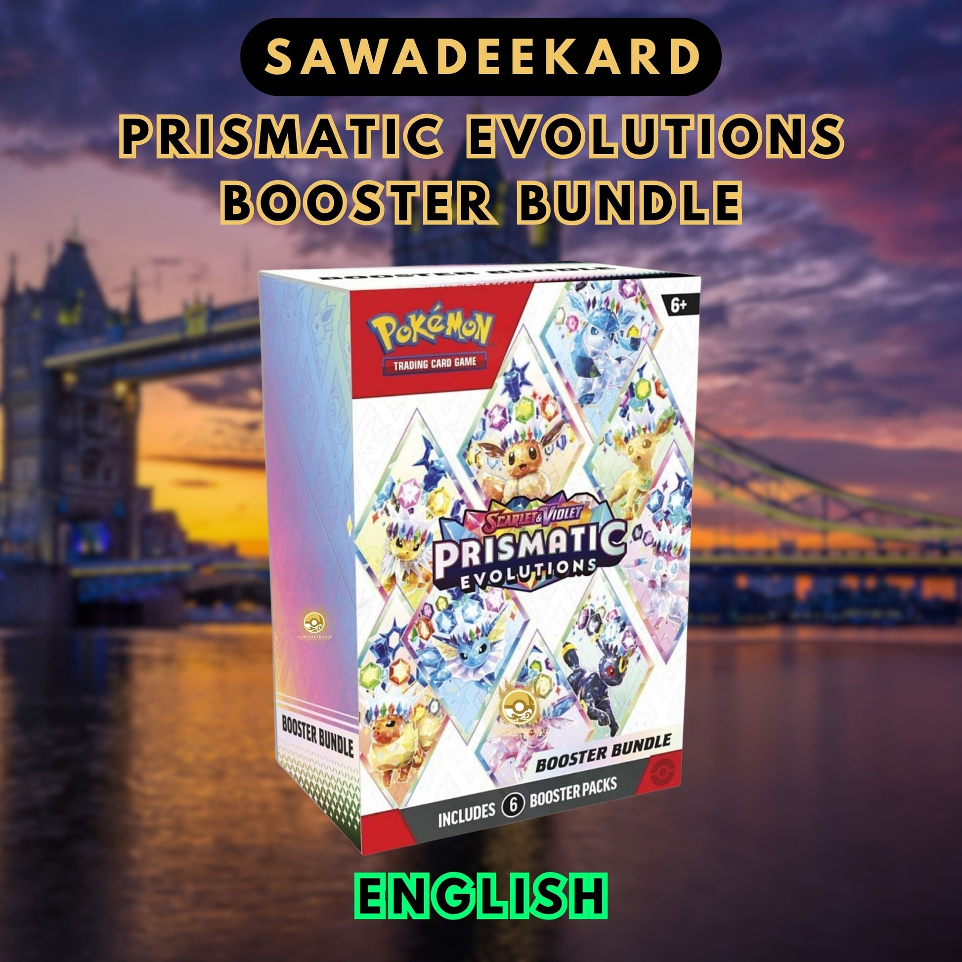 Pokemon TCG Scarlet and Violet Prismatic Evolutions Booster Bundle containing 6 booster packs featuring Umbreon ex SIR, Sylveon ex SIR and Eeveelution chase cards