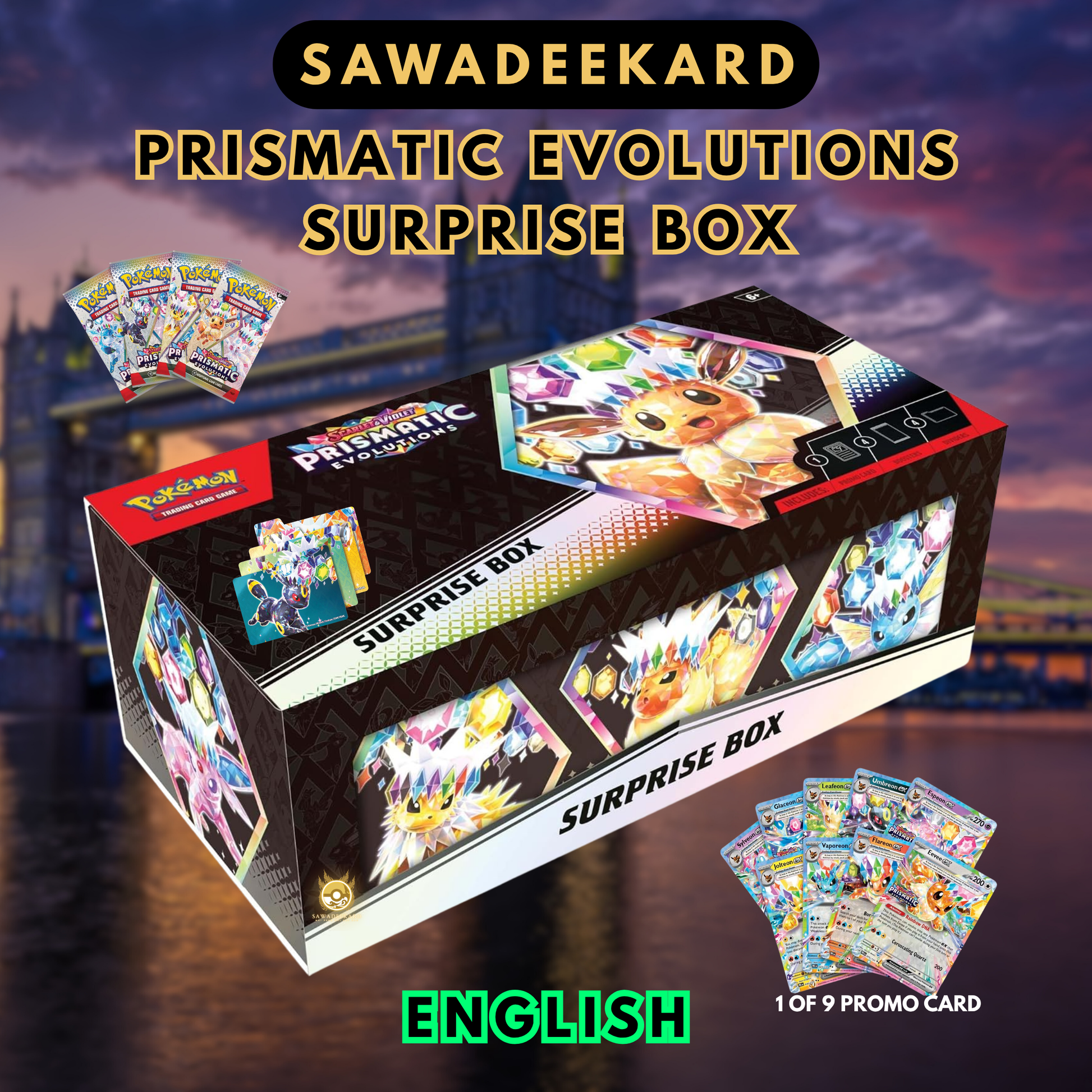 Pokemon TCG Scarlet and Violet Prismatic Evolutions Surprise Box featuring an official Eeveelution promo card and 4 Prismatic Evolutions booster packs