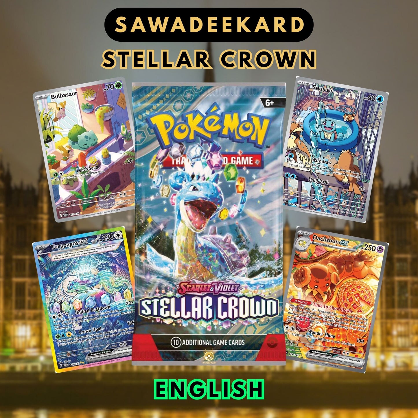 Pokemon TCG Scarlet and Violet Stellar Crown Booster Pack featuring Squirtle IR, Bulbasaur IR, Dachsbun ex SIR and Terapagos ex SIR chase cards