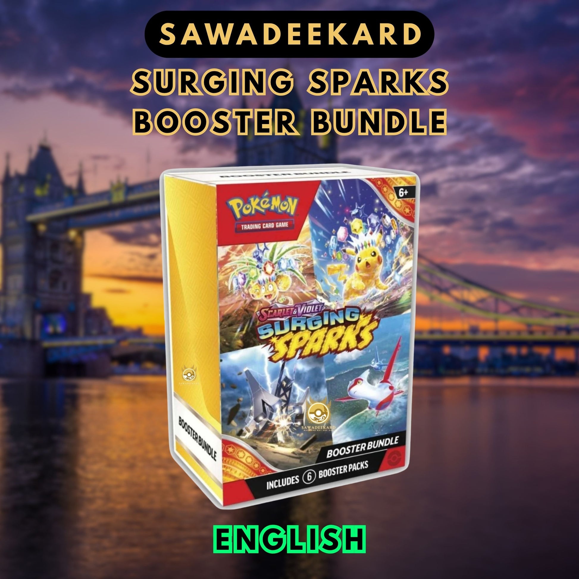 Pokemon TCG Scarlet and Violet Surging Sparks Booster Bundle containing 6 booster packs featuring Pikachu ex SIR, Latias ex SIR, Milotic ex SIR and Pikachu ex Hyper Rare