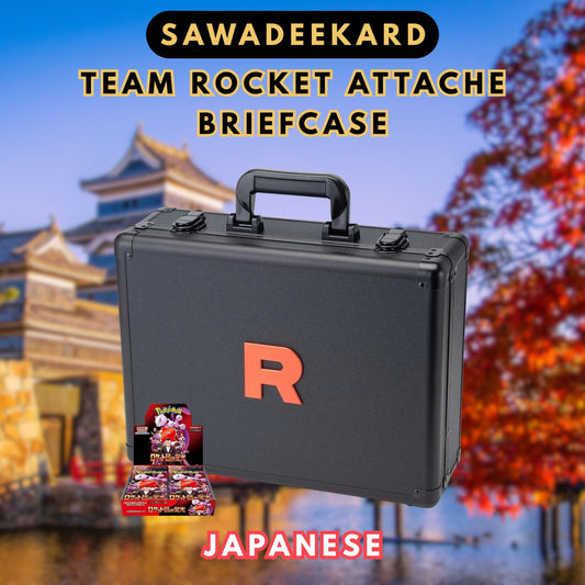 Pokemon TCG Team Rocket Attache Briefcase featuring a sealed Glory of Team Rocket booster box and premium card storage compartments